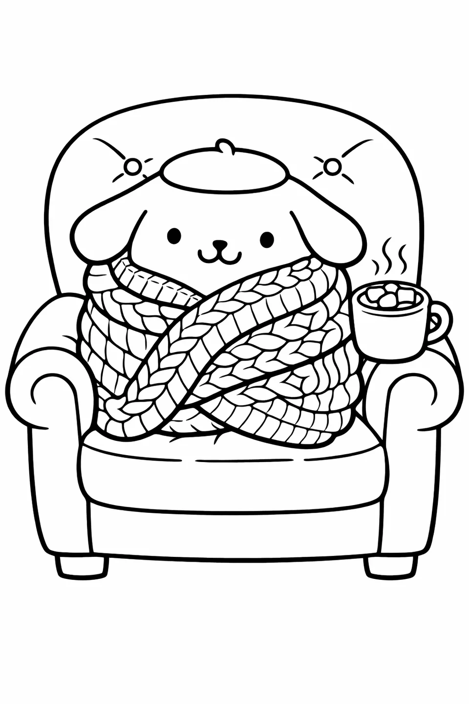 Line drawing of Pompompurin bundled in a knit blanket in an armchair with a mug of cocoa on the armrest