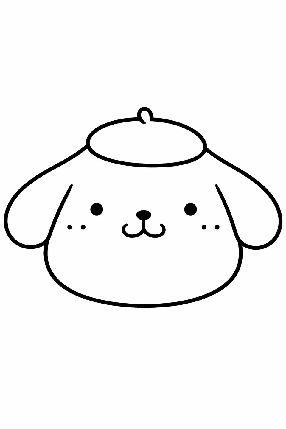 Large close-up line drawing of Pompompurin's face with a brown beret and whisker dots on his cheeks