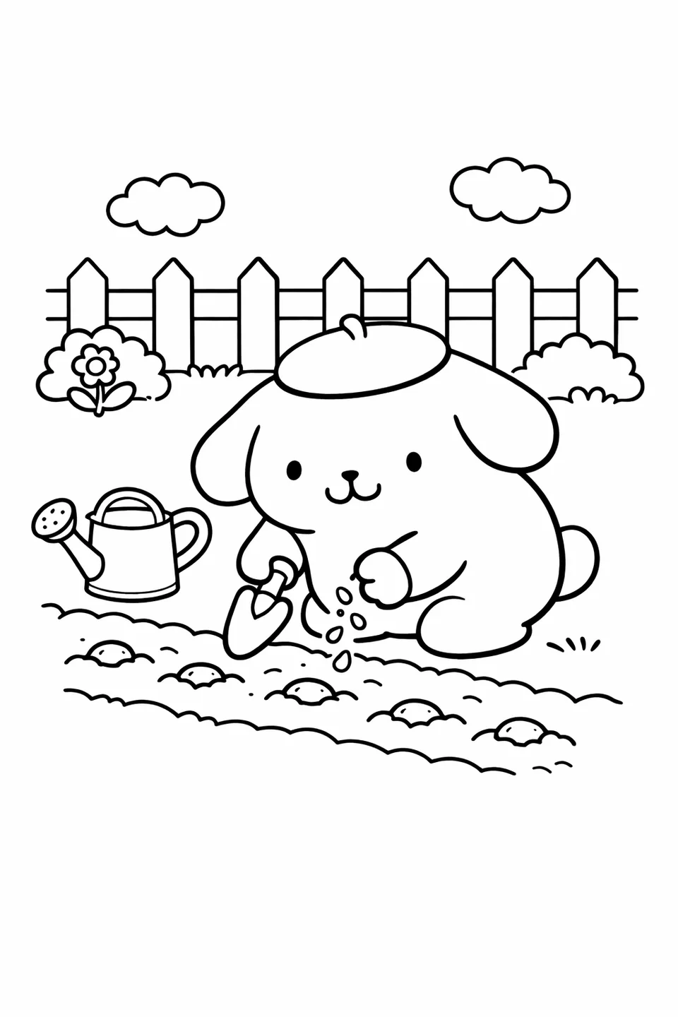 Line drawing of Pompompurin planting seeds in a garden row with a trowel and watering can nearby