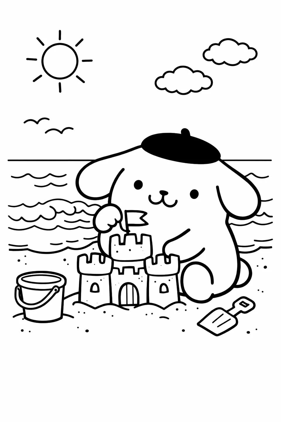 Line drawing of Pompompurin building a sandcastle on a beach with a bucket and shovel nearby