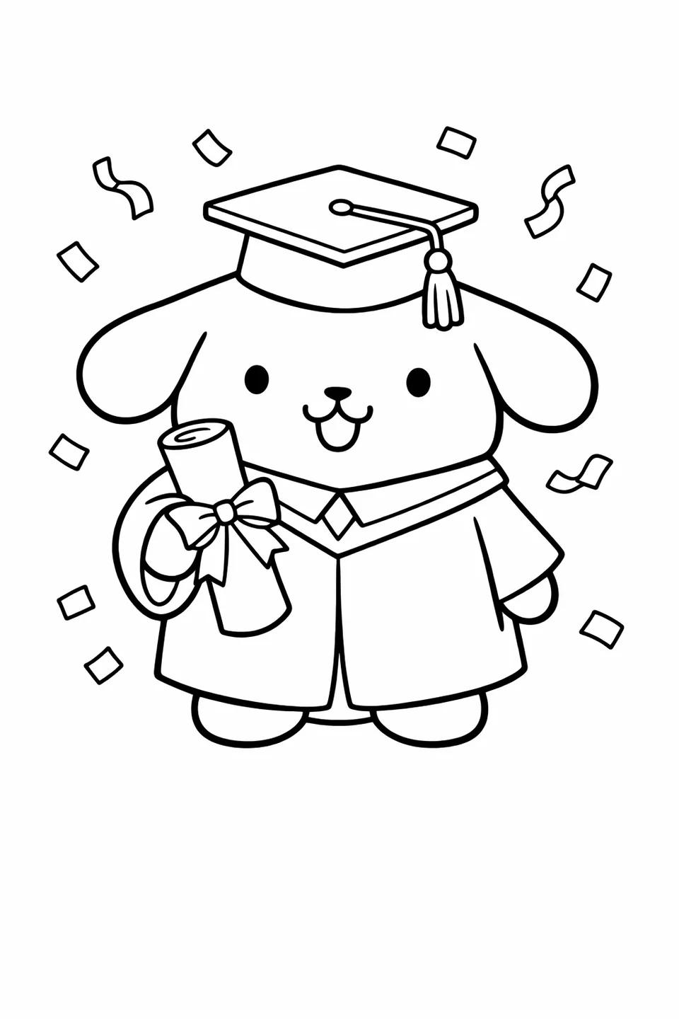 Line drawing of Pompompurin in a graduation cap and gown holding a rolled diploma with confetti around him