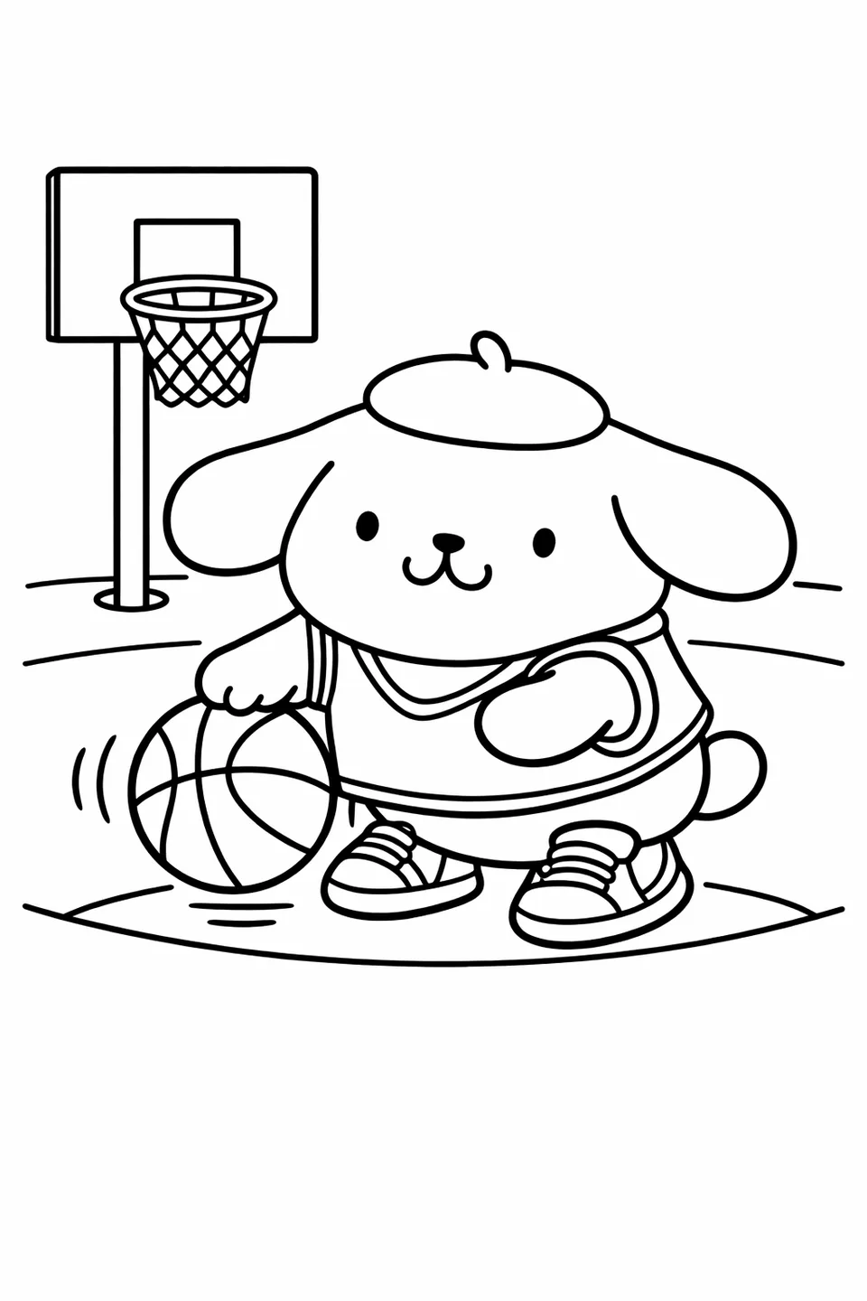 Line drawing of Pompompurin in a jersey dribbling a basketball on a court with a hoop in the background