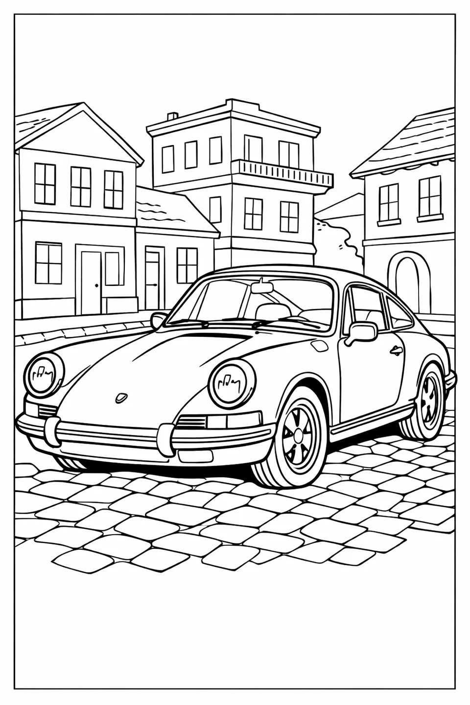 Line drawing of a 1970s Porsche 911 coupe parked on a cobblestone street, three-quarter front view with round headlights and chrome bumper