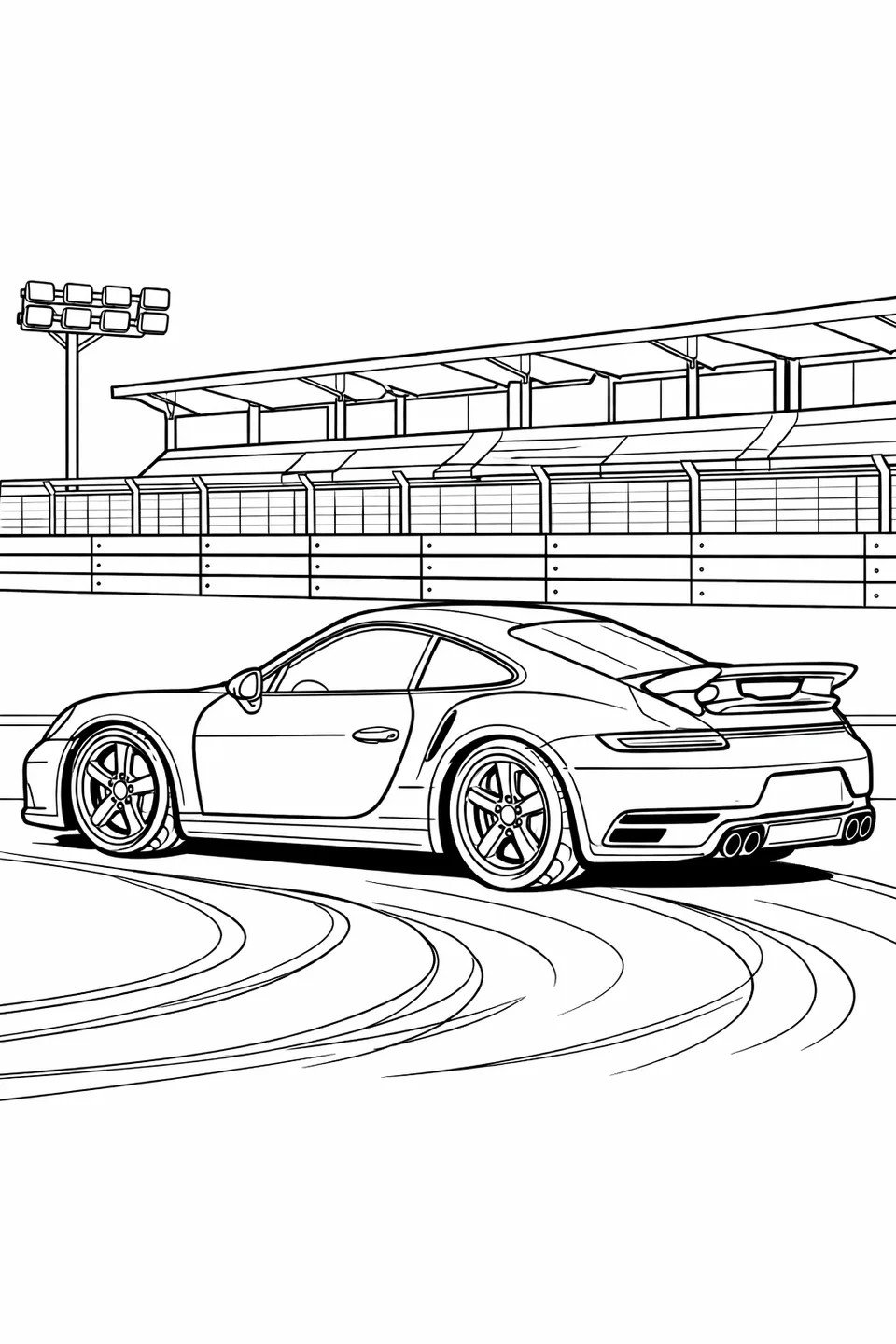 Line drawing of a modern Porsche 911 Carrera on a race circuit with pit lane barriers in the background and tire marks on the track