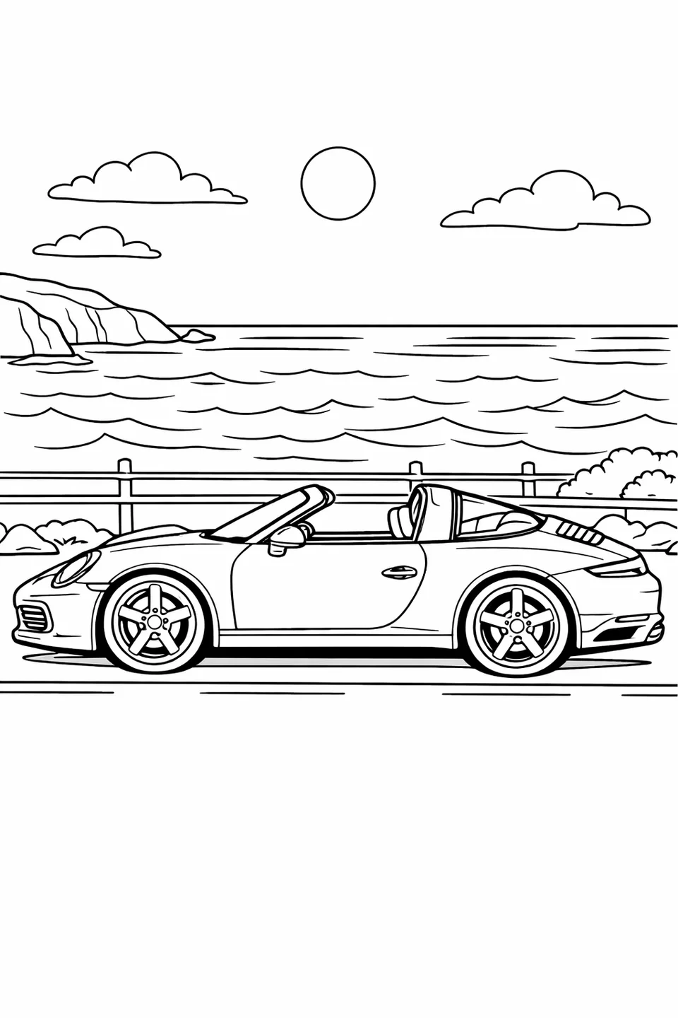 Line drawing of a Porsche 911 Targa with the roof open, parked on a coastal road with ocean visible in the background
