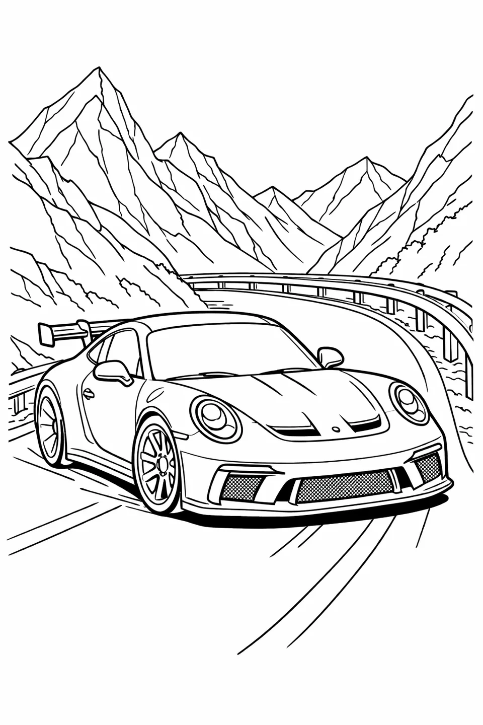 Line drawing of a Porsche 911 GT3 driving on a narrow mountain road with a large fixed rear wing, guardrails, and mountain peaks in the background