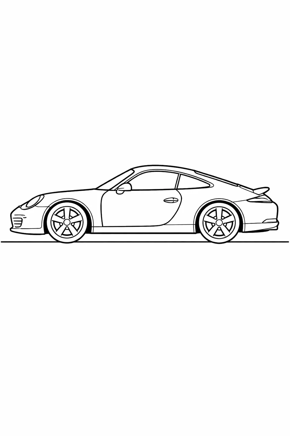 Clean side profile line drawing of a Porsche 911 showing the sloping roofline, rounded rear fenders, and five-spoke wheels against a minimal background