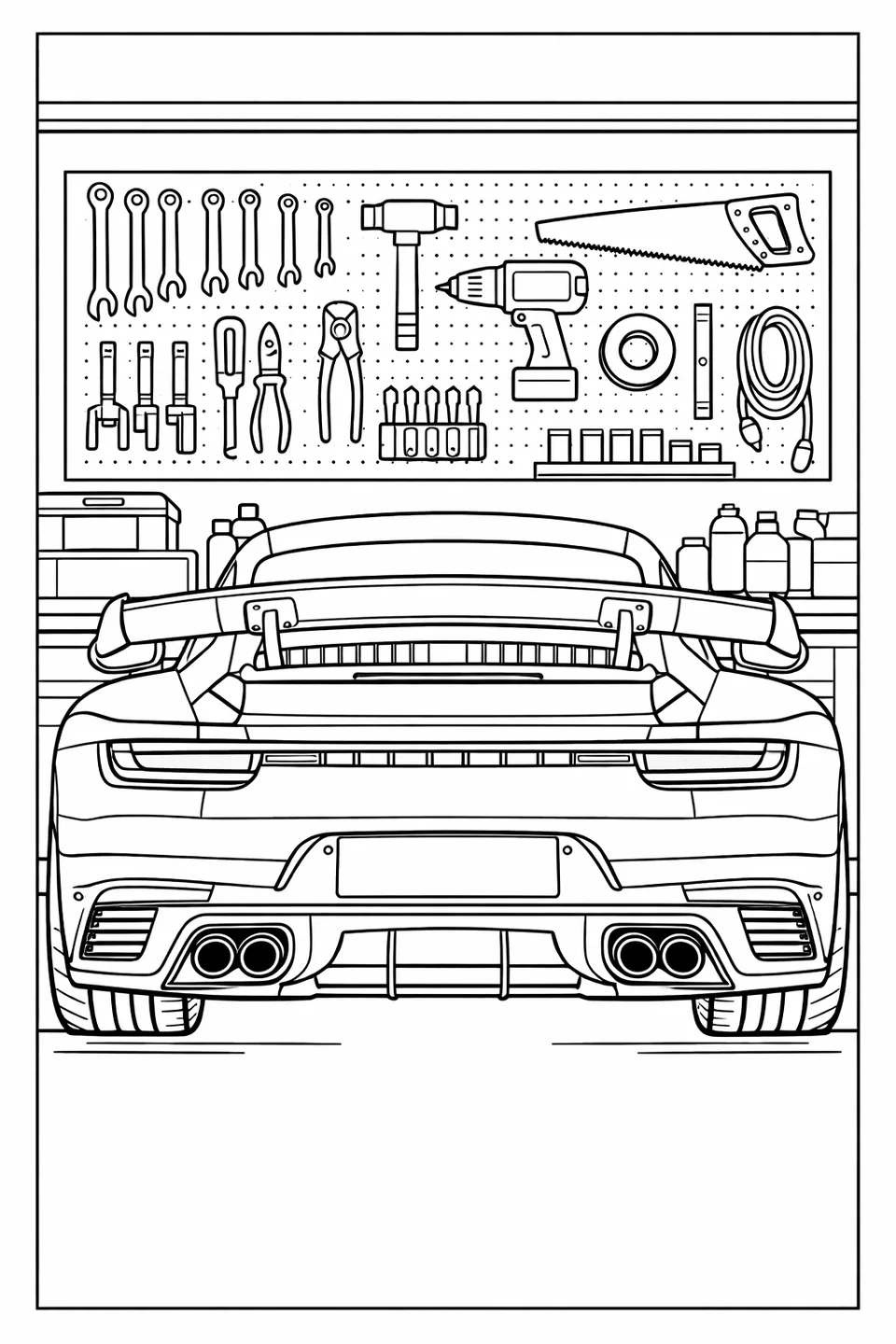 집 차고 내부에서 뒤를 바라본 포르쉐 911 터보 S의 선화로, 넓은 차체 펜더와 연장된 리어 스포일러, 수평형 테일 라이트가 돋보입니다.