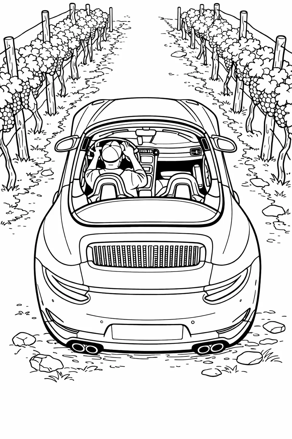 지붕이 내려간 포르쉐 911 카브리올레를 위에서 내려다보는 선화로, 열린 실내와 롤바, 아래의 포도밭 줄을 보여줍니다.