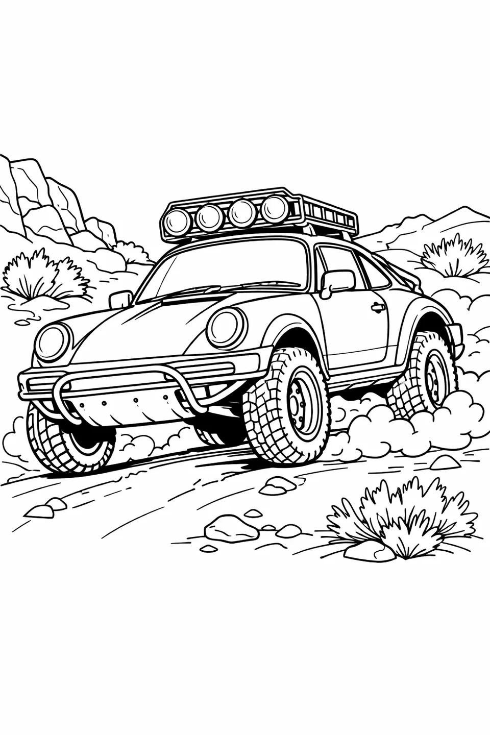 모래먼지 많은 사막 트레일에서 리프트된 포르쉐 911 사파리 빌드가 거친 트레일용 타이어와 지붕 라이트 바, 배경의 바위를 보여주는 선화.