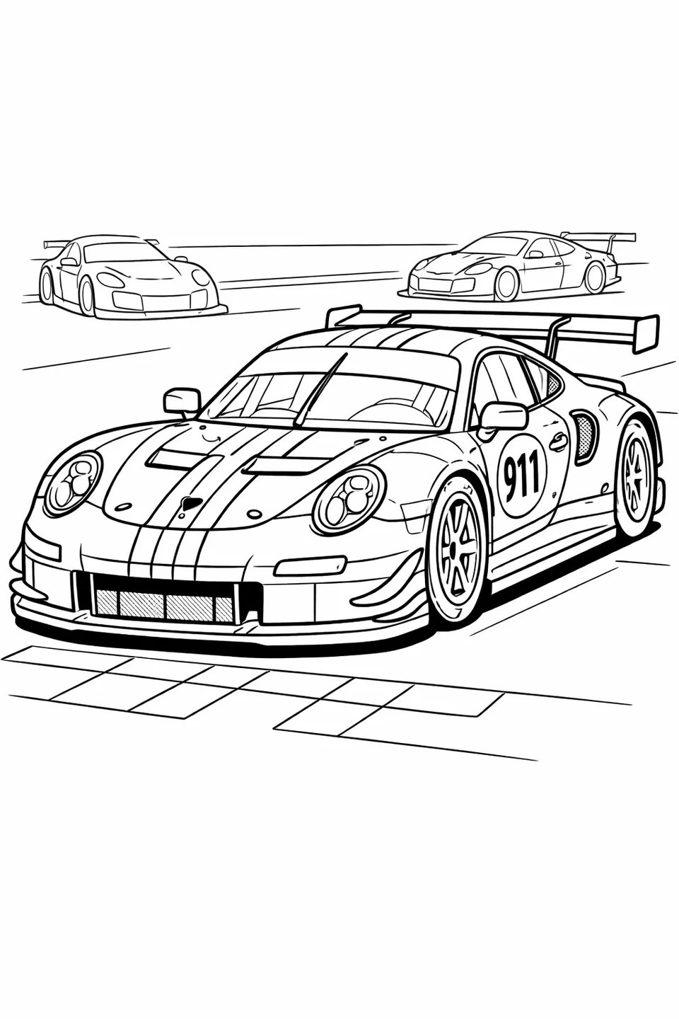 배경에 다른 차들이 보이는 레이싱 그리드 앞에서 스트라이프 도색과 번호 데칼이 있는 포르쉐 911 RSR 레이스 카의 선화