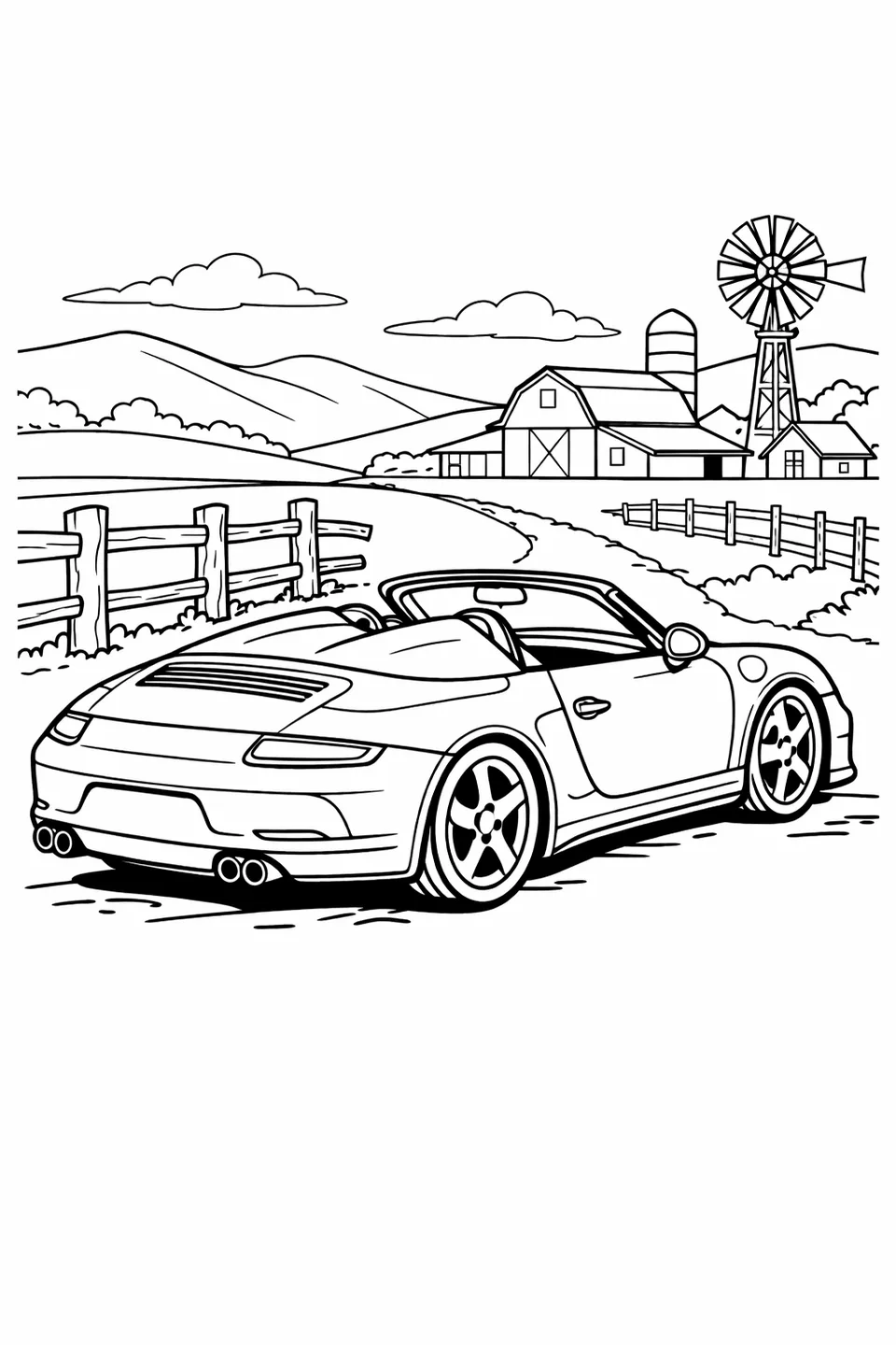 낮은 앞유리와 이중 융기형 뒤덮개를 가진 포르쉐 911 스피드스터가 분할 울타리 옆에 주차되어 있고 뒤에 구불구불한 언덕이 보이는 선화