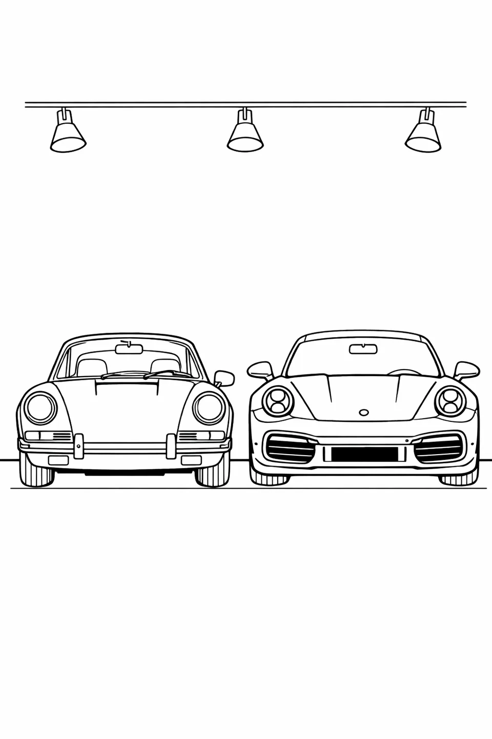 전시실 바닥에 조명 아래 나란히 주차된 구형 공랭식 911과 현대 992 세대의 선화