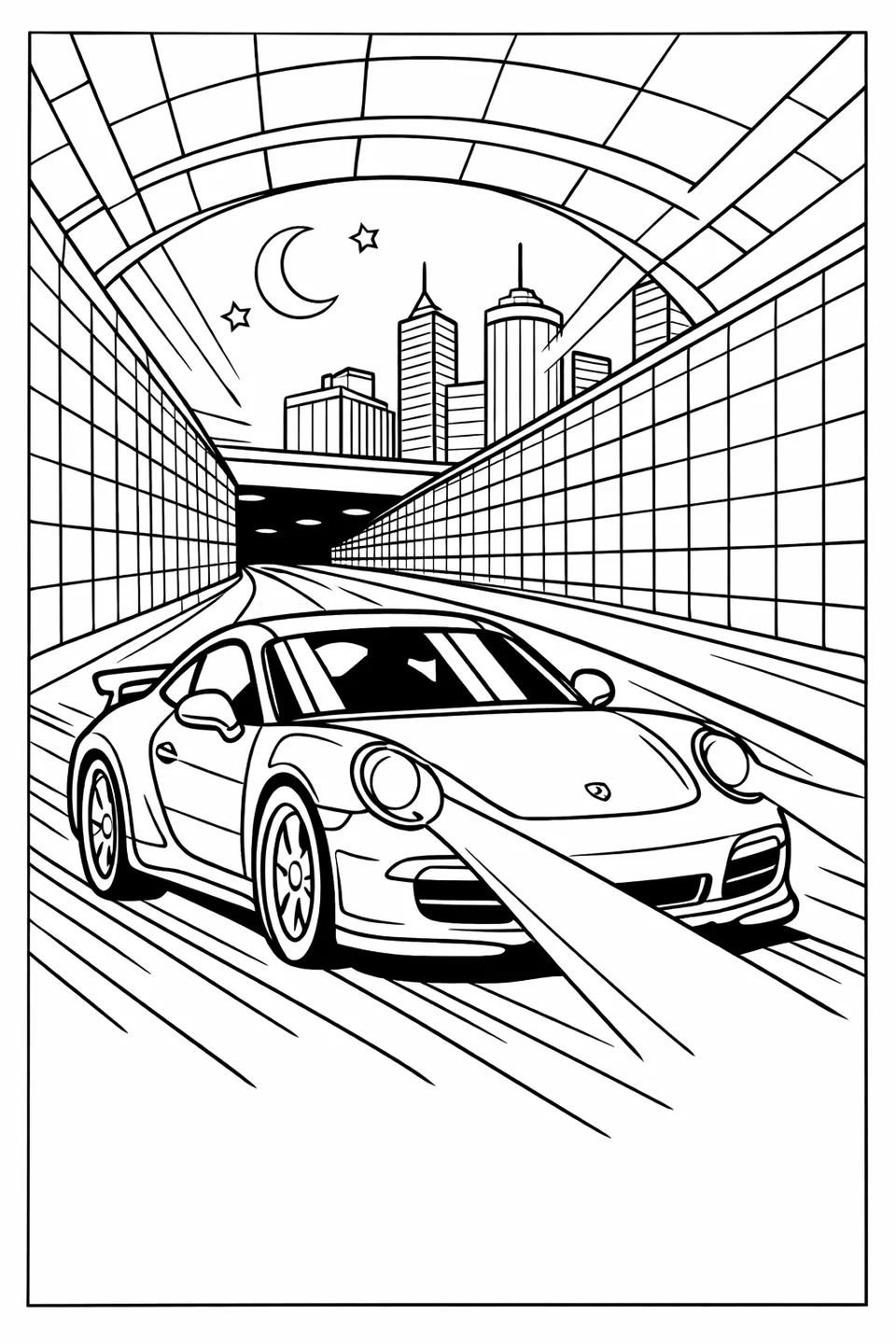 도시 터널을 밤에 달리는 포르쉐 911의 선화로, 헤드라이트가 길을 밝히고 타일 벽에 움직임 선이 보인다