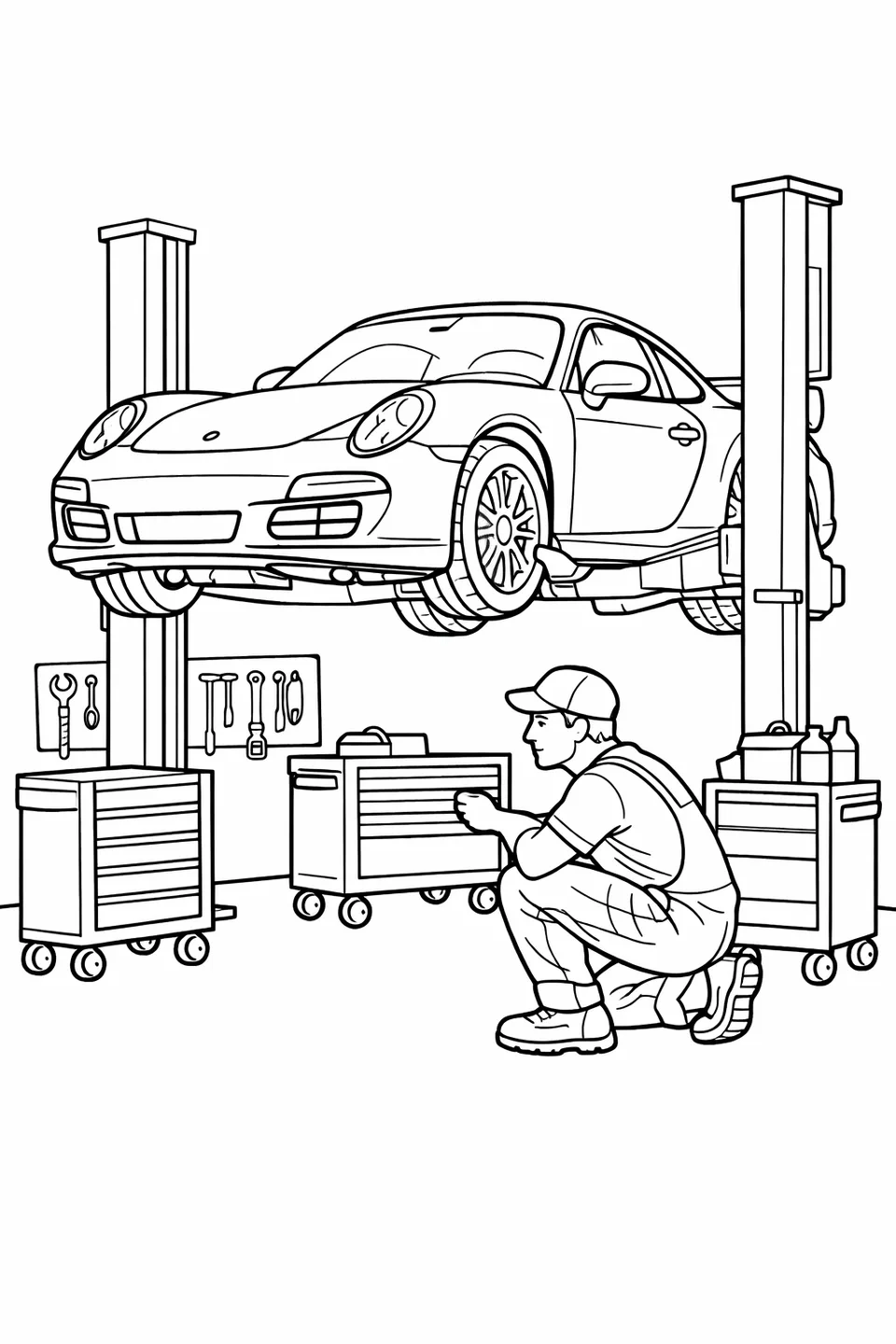 포르쉐 911이 정비소의 리프트에 올려진 모습과 앞 바퀴 옆에서 자세를 숙이고 있는 정비사, 근처에 도구 상자