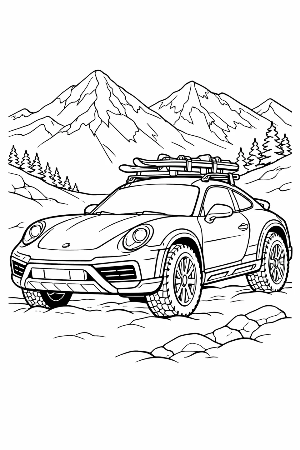 산의 눈선에 스키 랙과 거친 트레드 타이어를 장착한 911 Dakar의 선화, 뒤에 눈덮인 봉우리가 있다