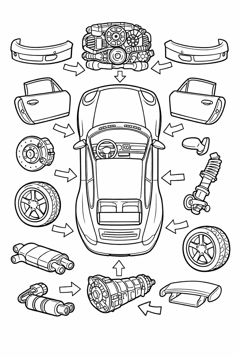 차 윤곽선을 둘러싼 엔진, 바퀴, 도어, 범퍼가 화살표로 연결돼 분리된 포르쉐 911의 선화 도해