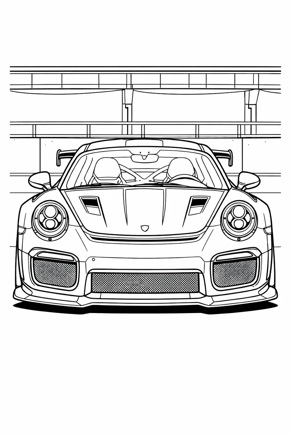 포르쉐 911 GT2 RS의 전면 클로즈업 선화로 큰 프런트 스플리터, 넓은 냉각 벤트, 카본 보닛 벤트가 보이고 뒤에 피트 벽이 있다