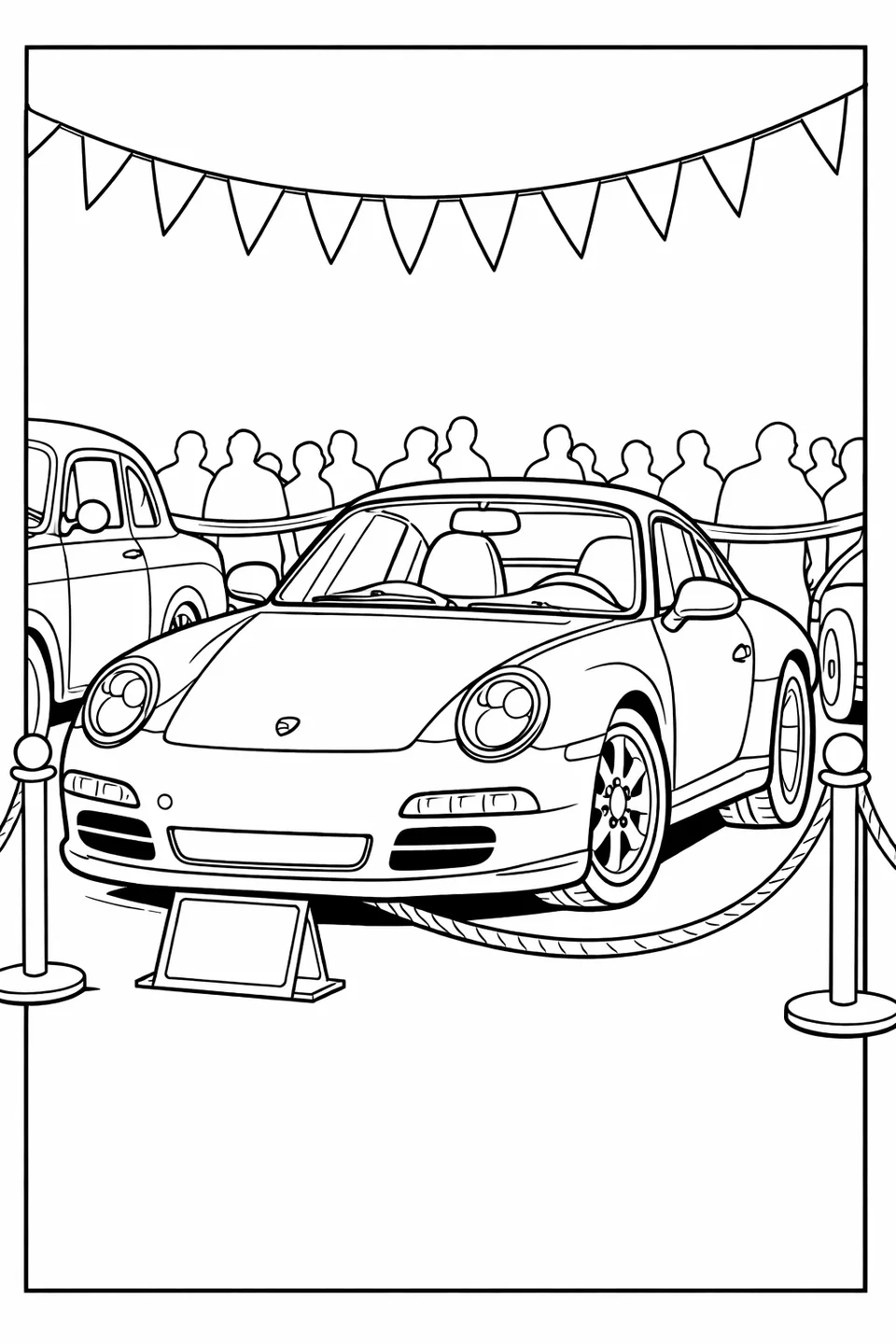 클래식 자동차 쇼에서 전시된 포르쉐 911의 선화로, 머리 위에 가랜드 깃발이 걸려 있고 앞쪽에는 배리어 로프가 있으며 양옆으로 이웃한 구형 자동차들이 보인다.