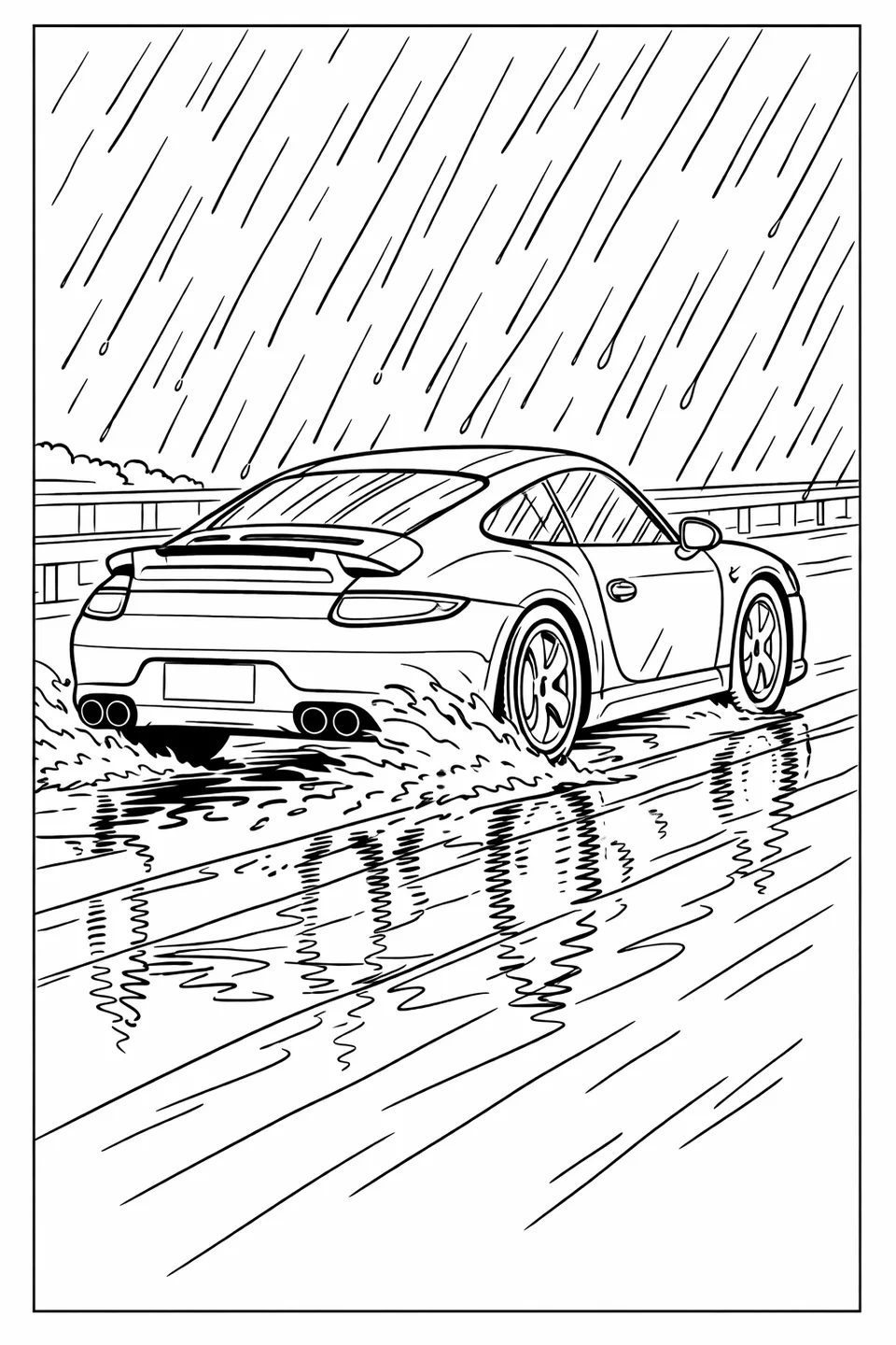 젖은 도로를 주행하는 포르쉐 911의 선화로, 앞유리에 빗줄기가 보이고, 후륜 타이어에서 물보라가 튀고, 젖은 도로에 헤드라이트 반사광이 반짝인다.