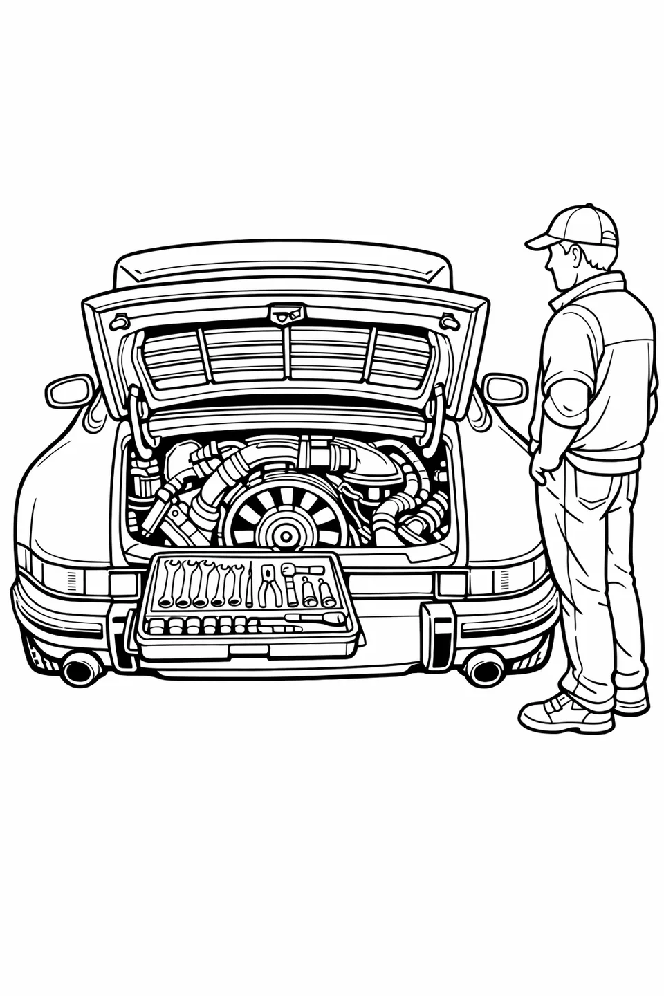 후면 엔진 뚜껑이 열려 냉각 핀이 달린 플랫식 육기 엔진이 보이고, 범퍼 위에 공구 트레이가 있으며 근처에 사람이 서 있는 포르쉐 911의 선화.