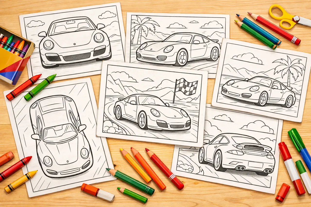 Porsche 911 Sports Car coloring pages cover collage