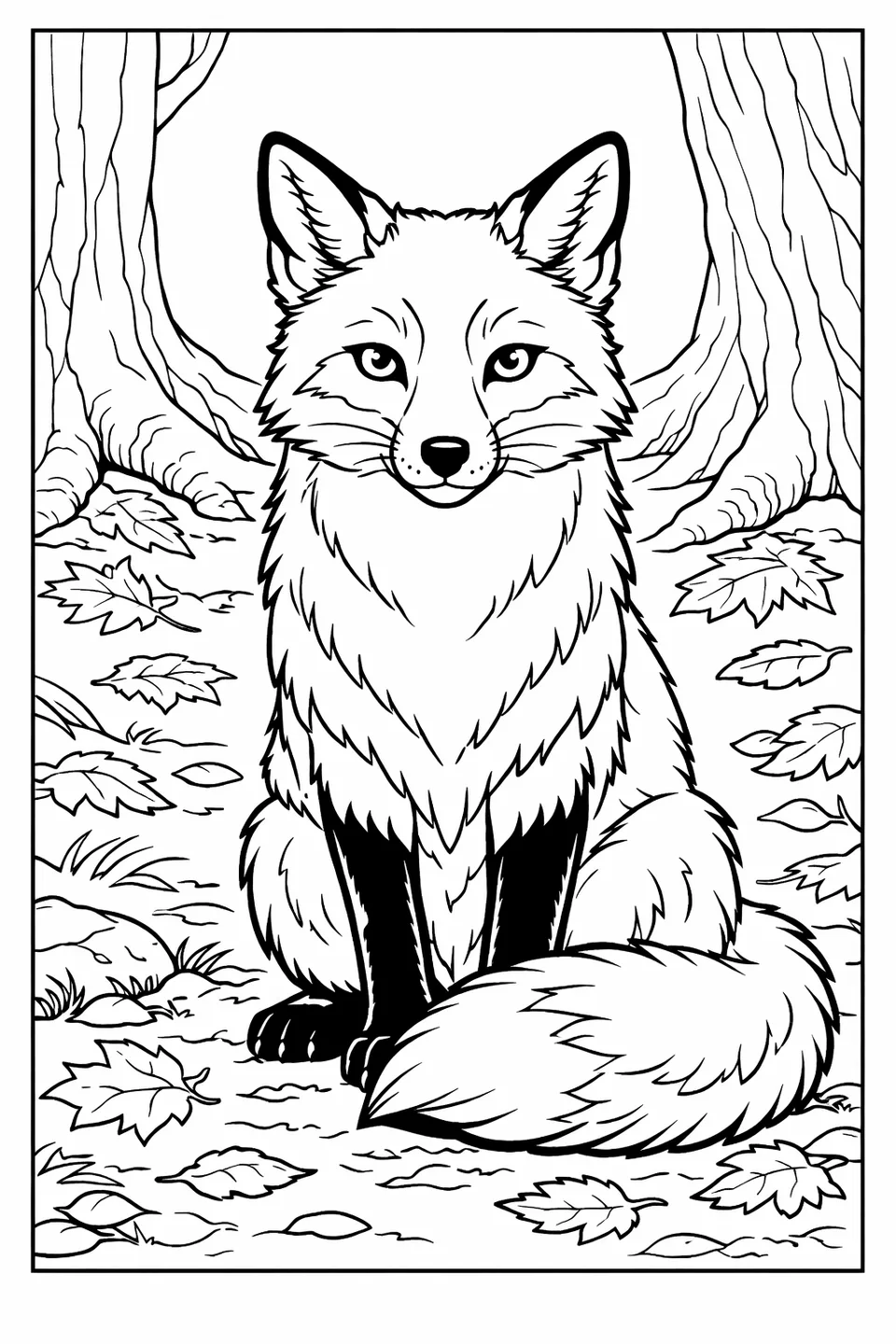 Red fox sitting upright on mossy ground surrounded by tree roots and fallen leaves, tail curled around its paws