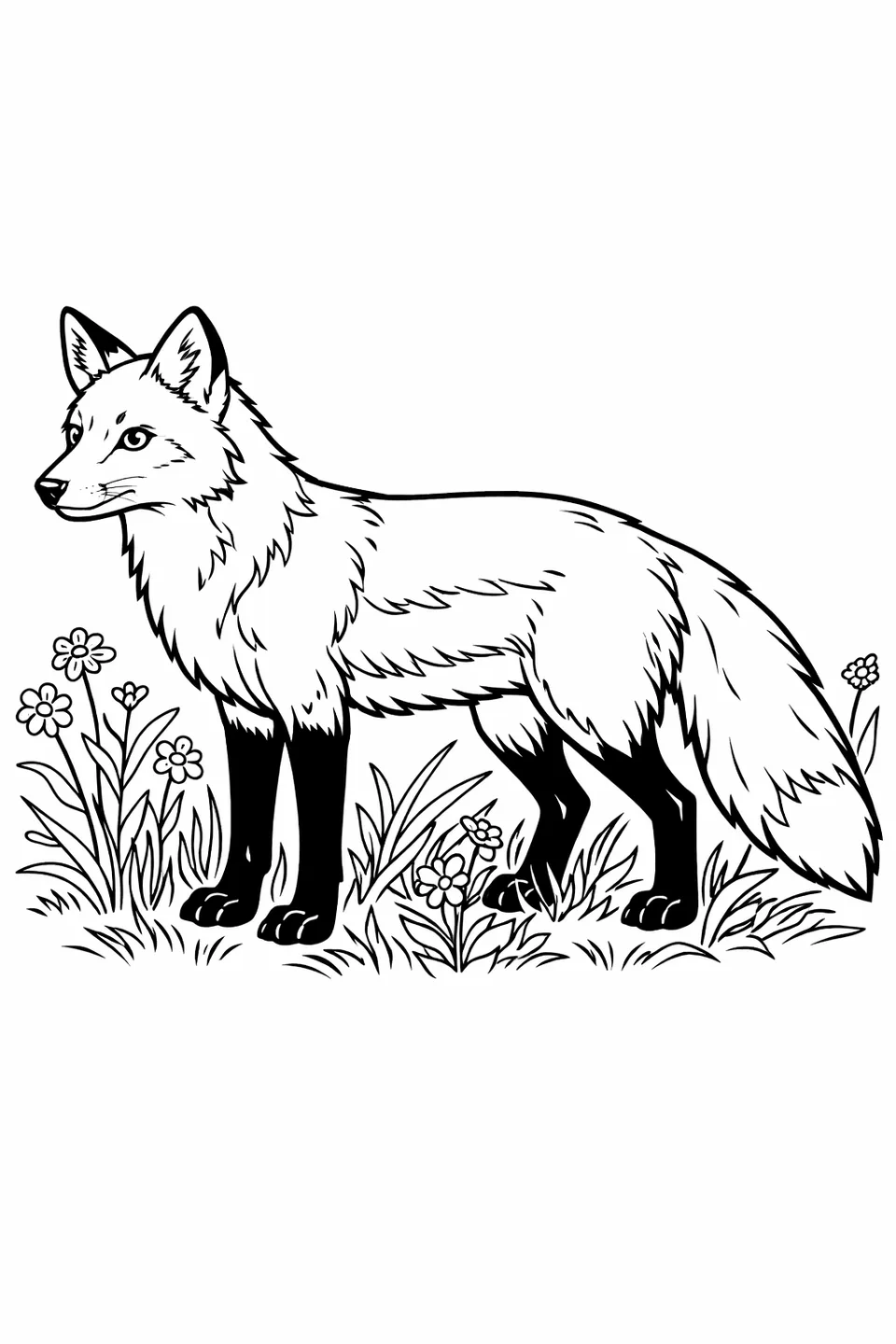 Red fox standing in profile in a meadow, ears forward, surrounded by tall grass and wildflowers