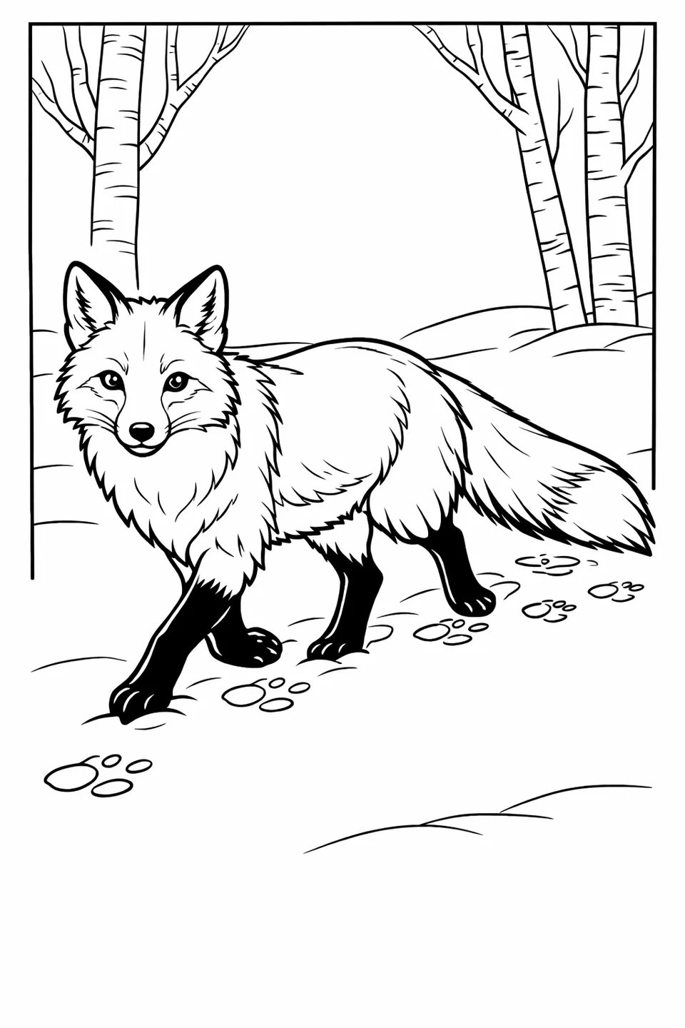 Red fox trotting through snow leaving pawprints, bare birch trees in background