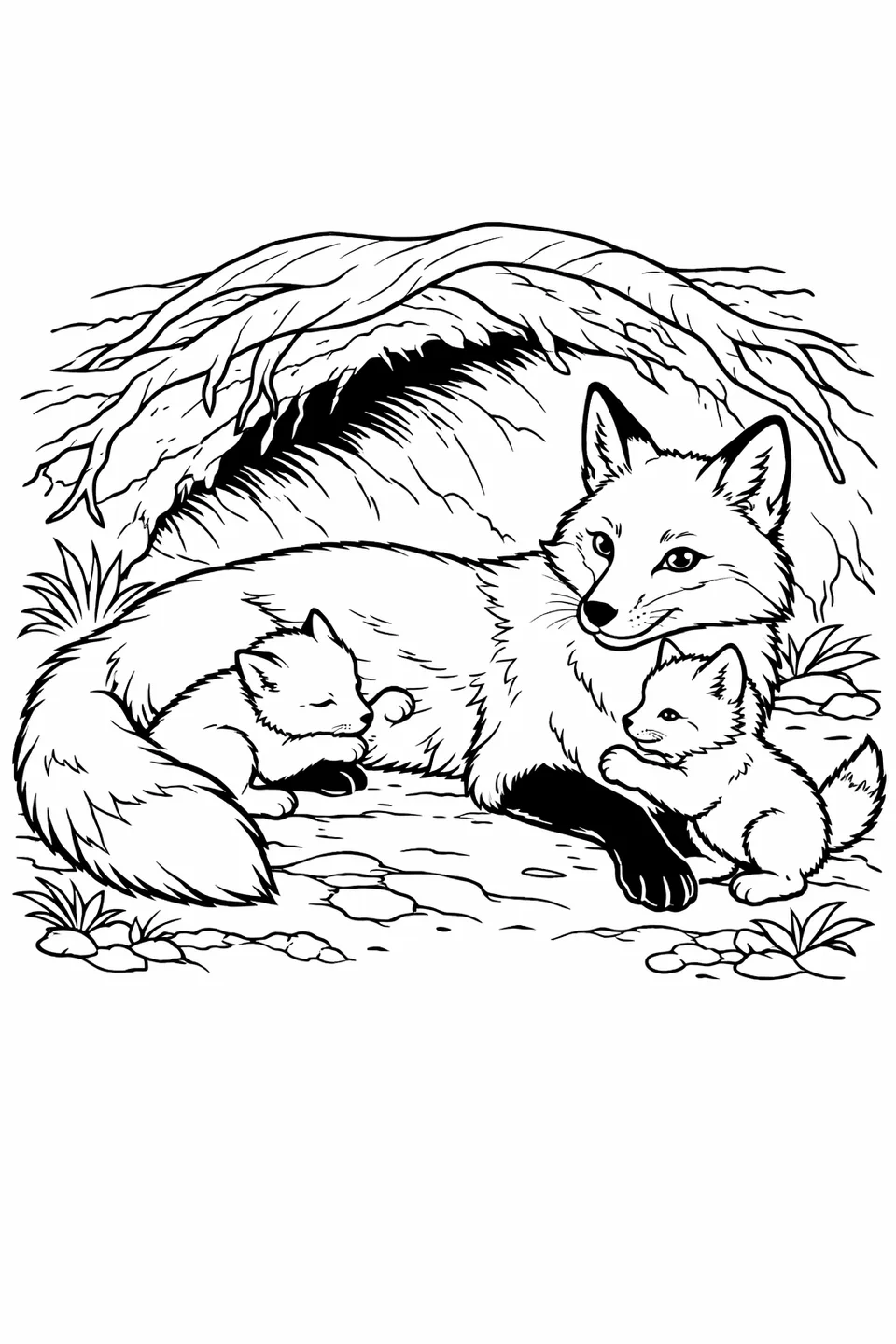 Red fox mother lying at a den entrance with two small kits beside her