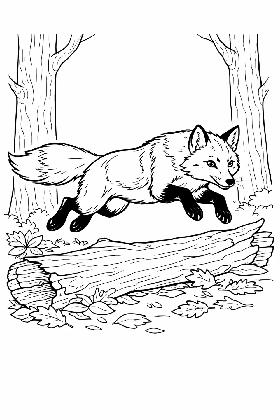 Red fox leaping over a mossy fallen log in a forest with leaf litter on the ground