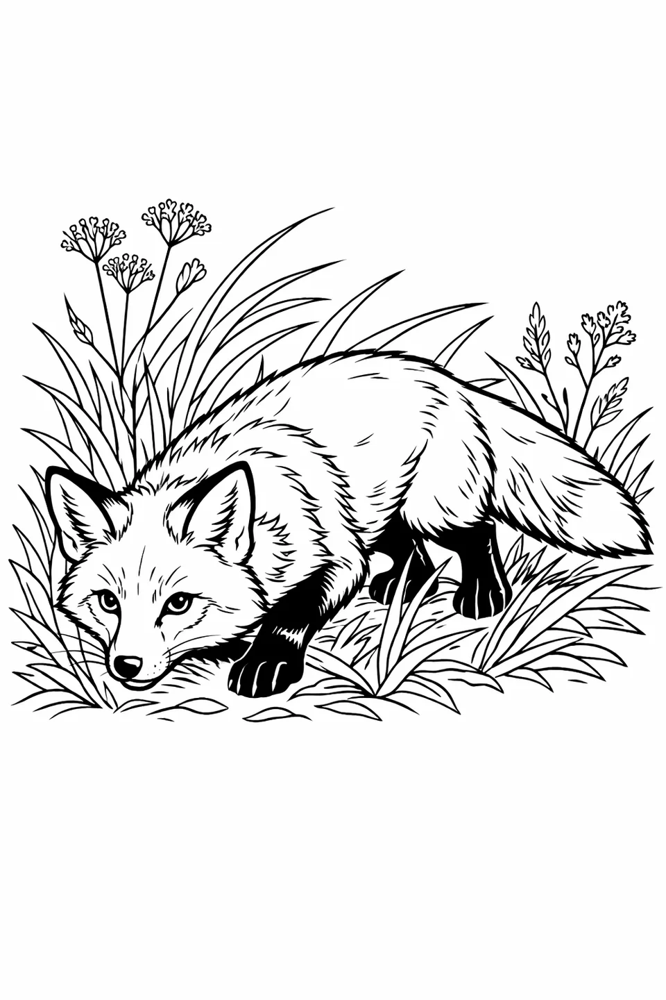 Red fox crouched low and stalking through tall dry autumn grass