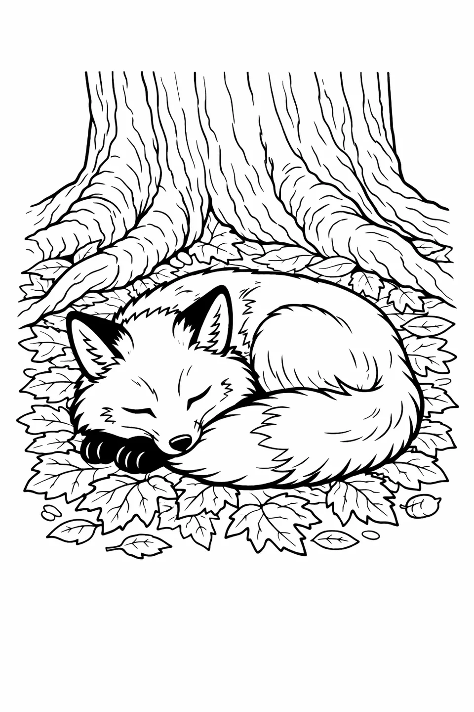 Red fox curled up asleep on autumn leaves under a tree with roots visible