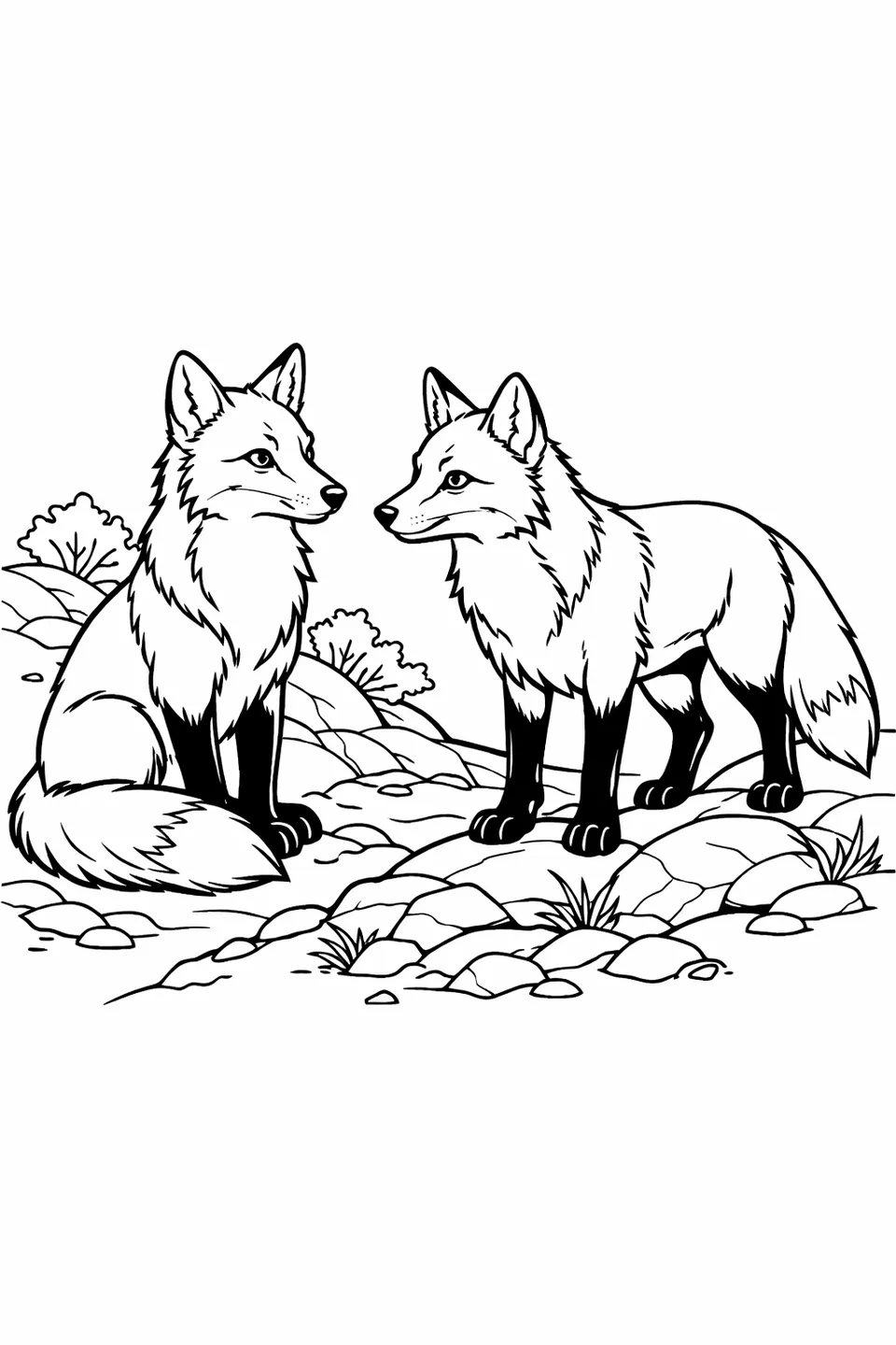 Two red foxes facing each other on a rocky hillside with sparse shrubs