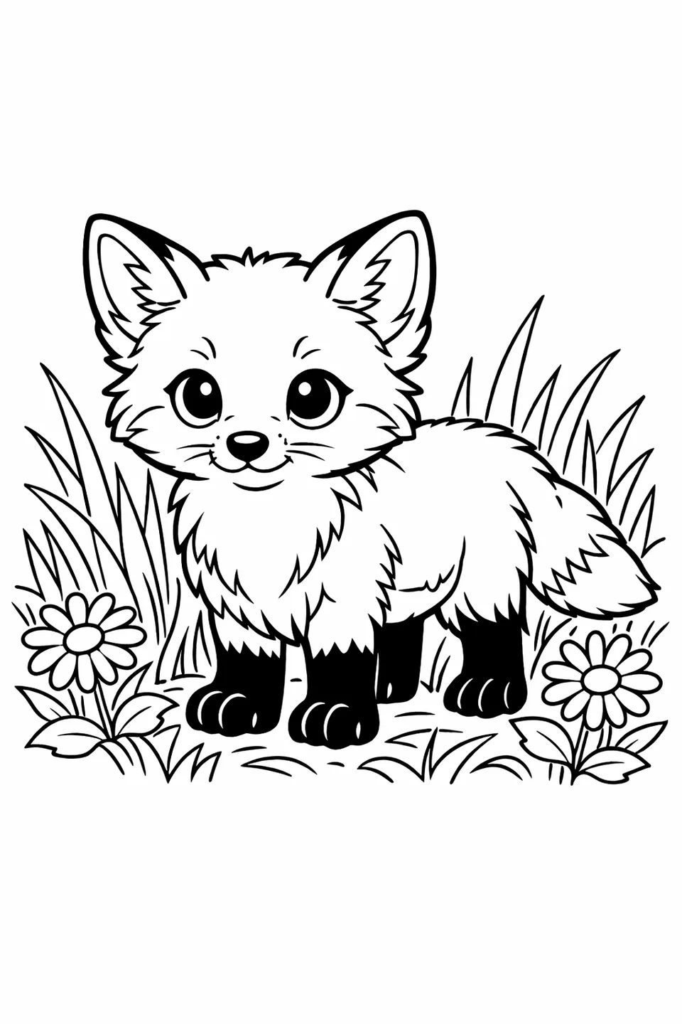 Young red fox kit standing in tall meadow grass with daisy flowers at ground level