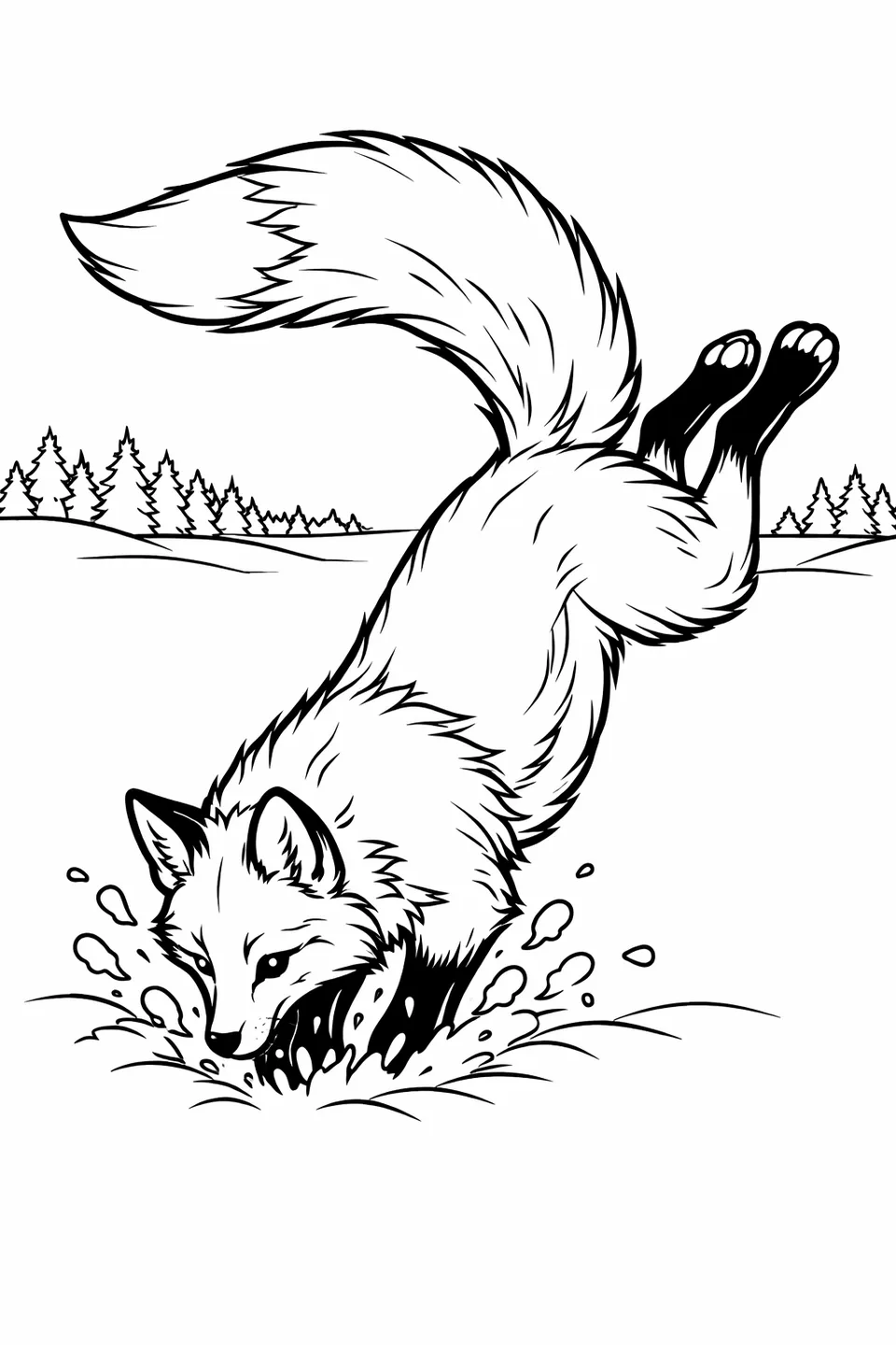 Red fox plunging front paws into deep snow with hind legs raised and tail up