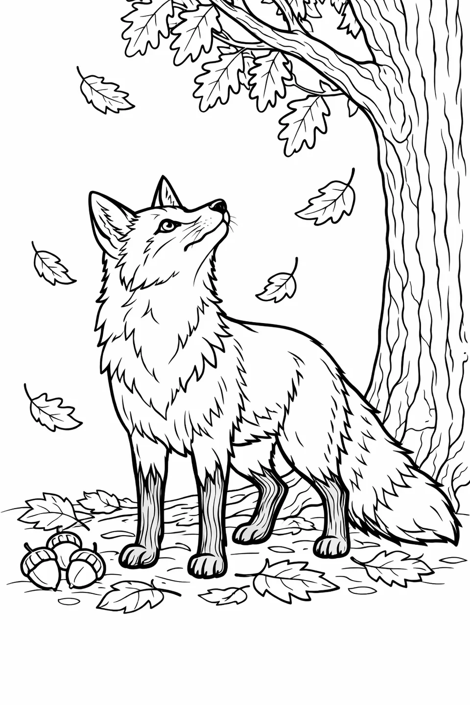 Red fox standing at the base of an oak tree looking up at branches with acorns on the ground