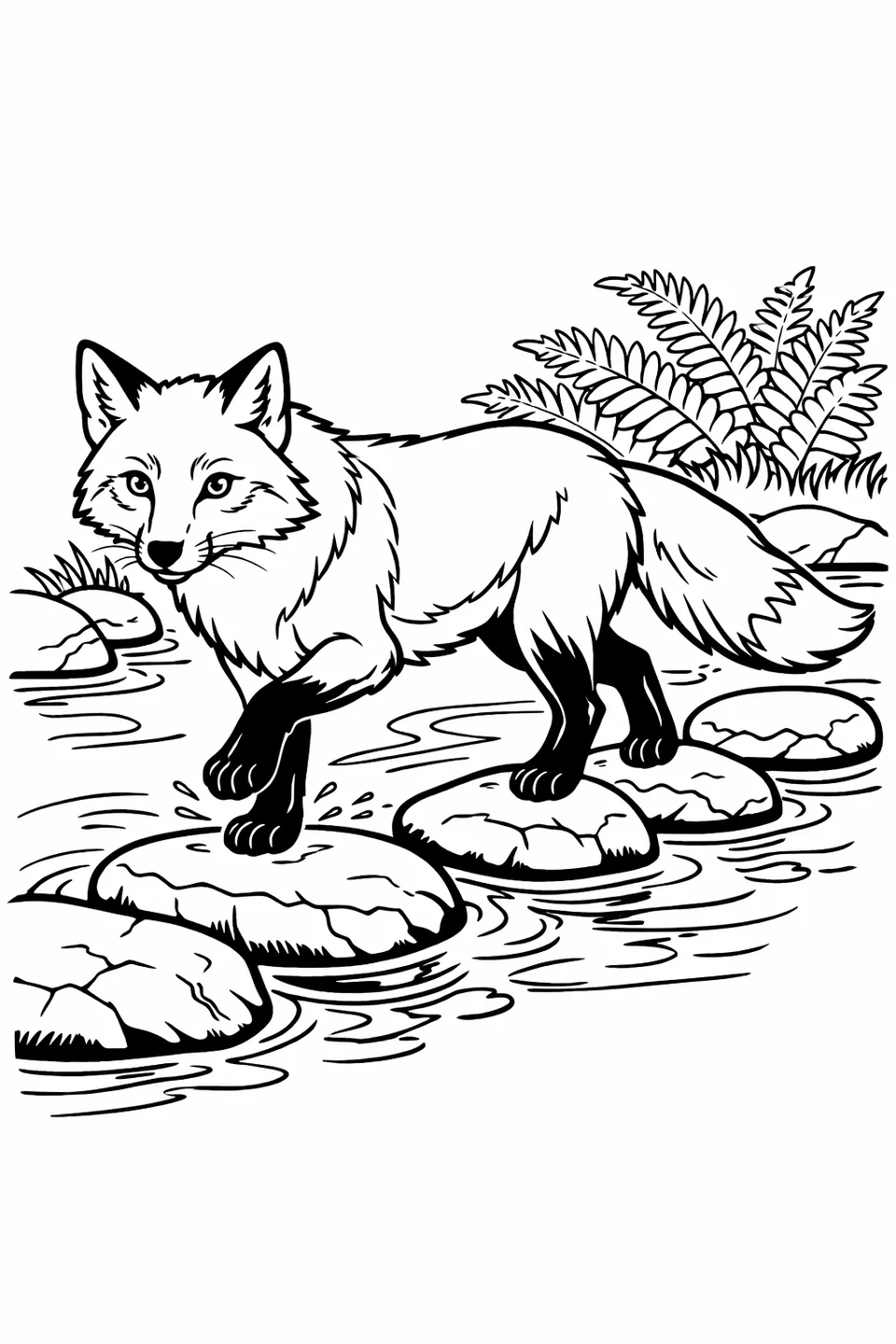Red fox stepping across mossy stones in a shallow stream with ferns on the bank