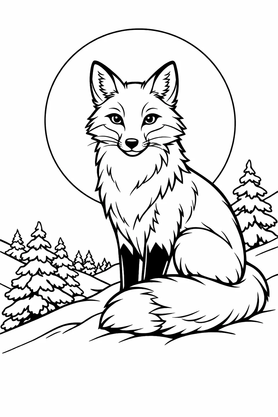 Red fox sitting on a snowy hillside with a full moon behind it and pine trees below