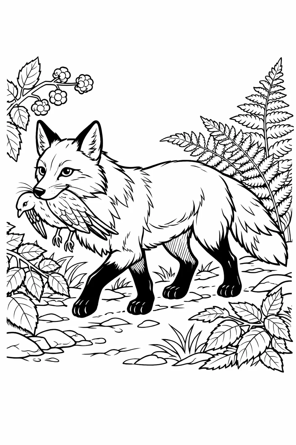 Red fox trotting through forest undergrowth carrying a bird in its mouth