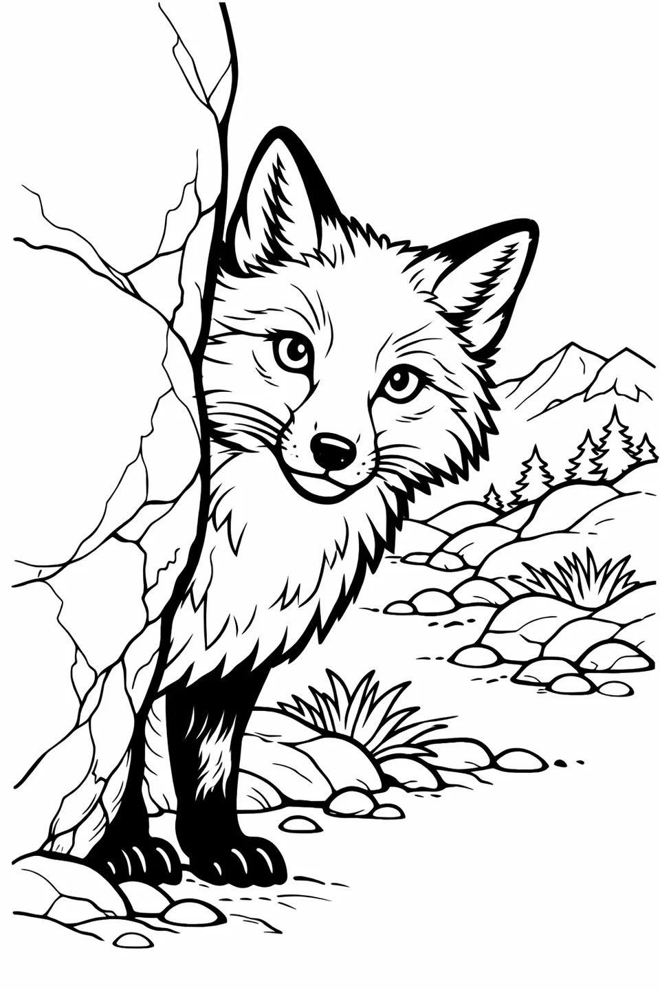 Red fox peering around a large boulder with one eye and ear visible on rocky terrain