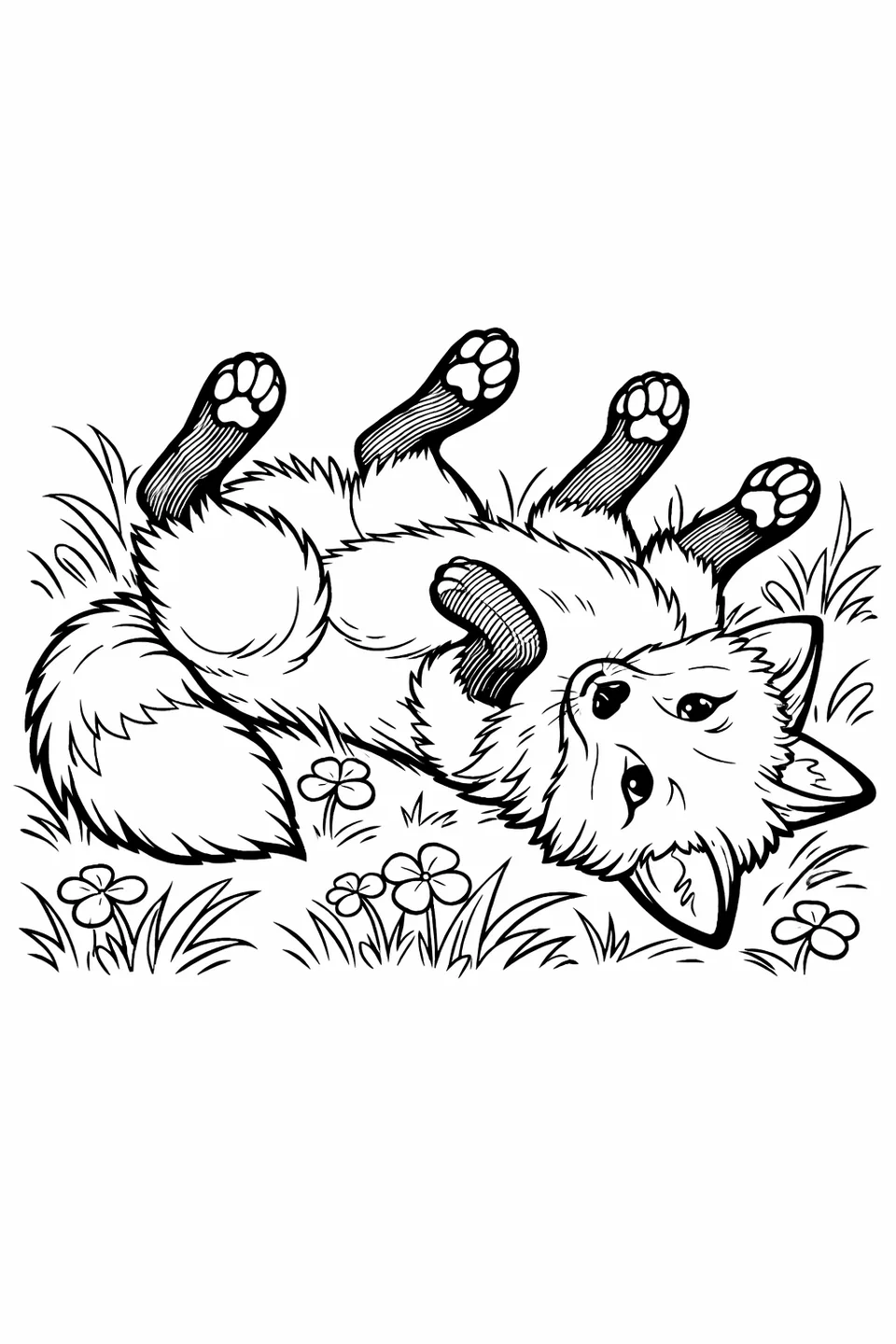 Red fox lying on its back with paws in the air and white belly exposed in a meadow