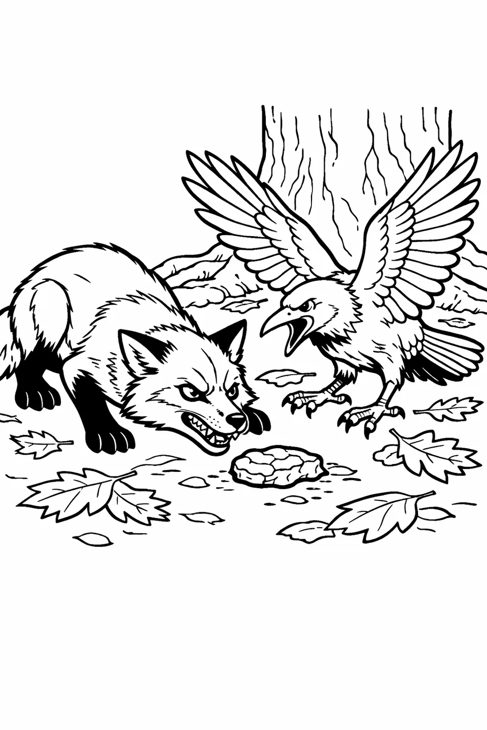 Red fox crouching low facing a crow with spread wings over food on a forest floor