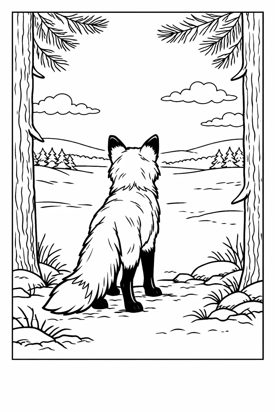 Red fox viewed from behind standing at a forest edge looking out at a snowy field