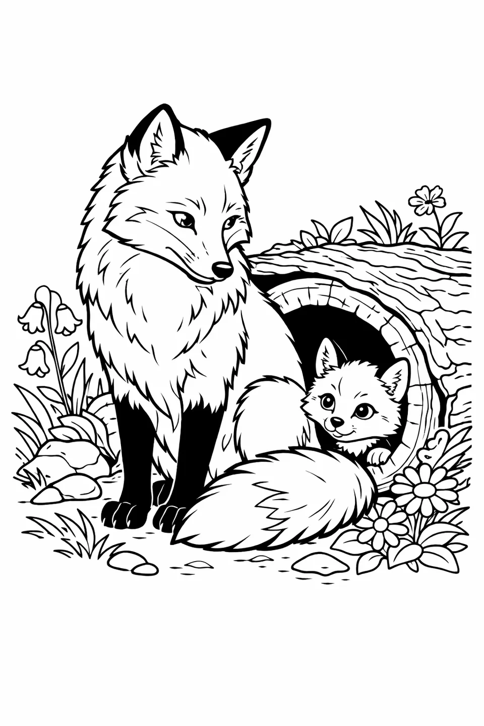 Adult red fox sitting beside a hollow log as a fox kit peeks out from the entrance