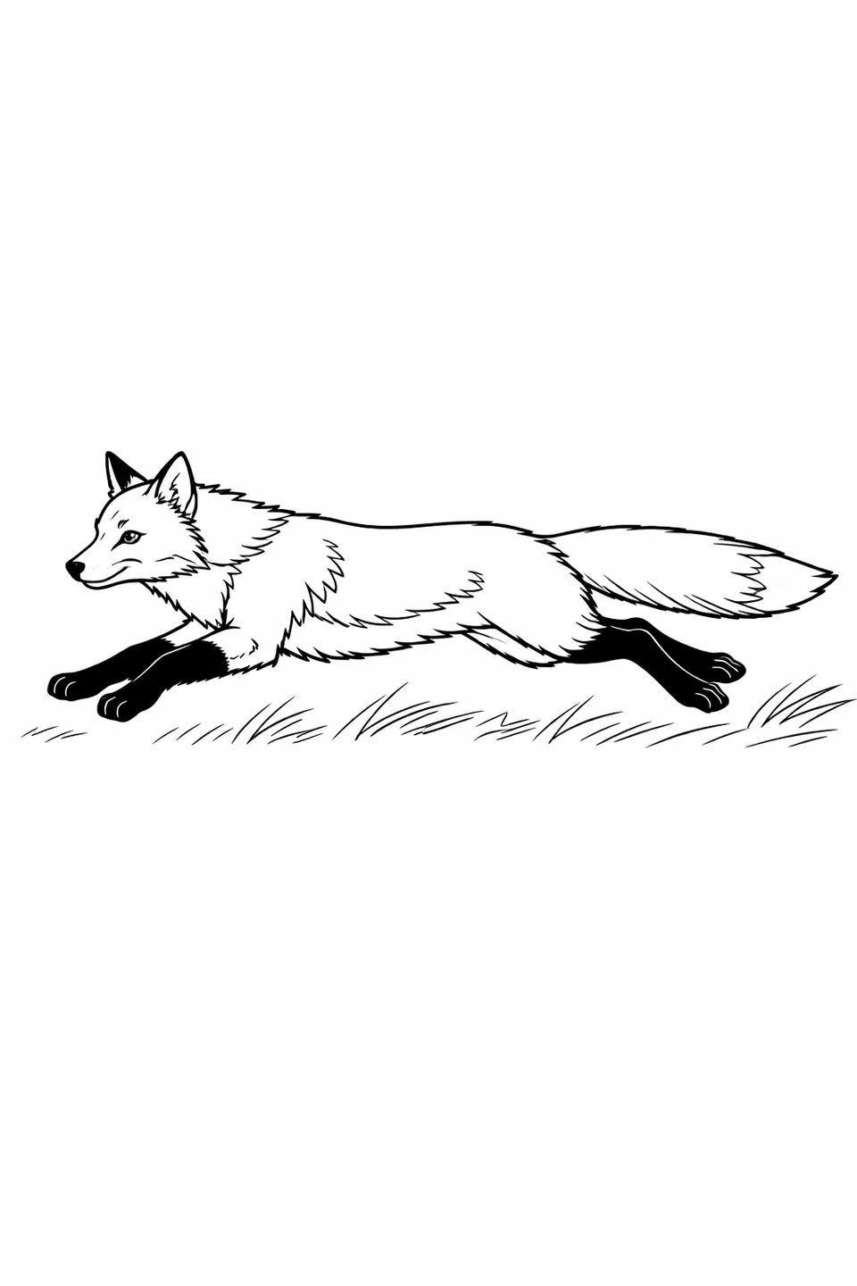 Red fox at full sprint with all four paws off the ground and tail horizontal behind it