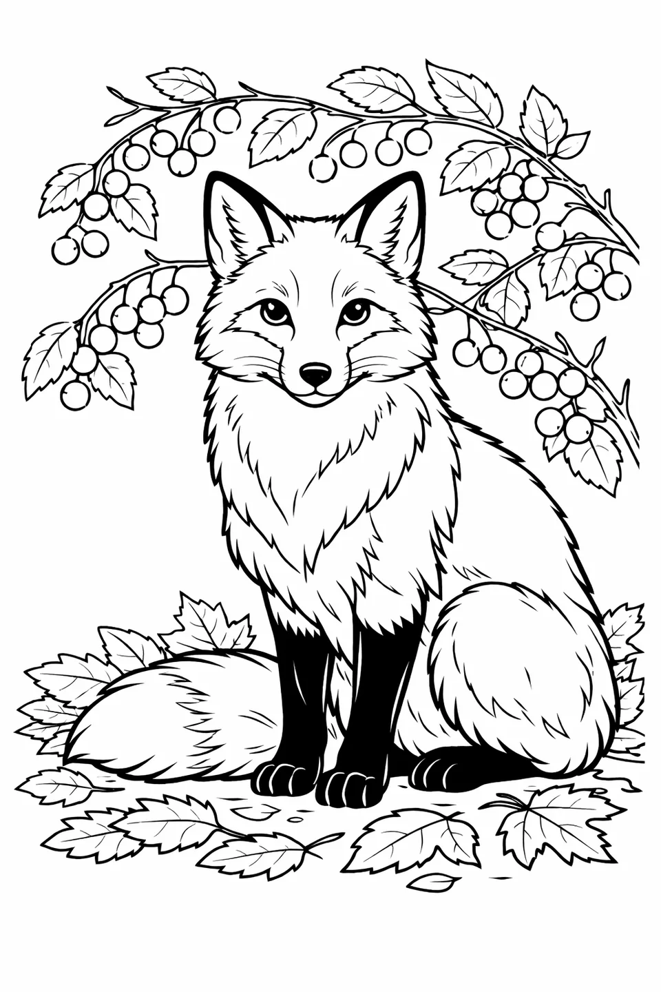 Red fox sitting in front of a wild berry bush with bramble branches arching overhead and fallen leaves on the ground