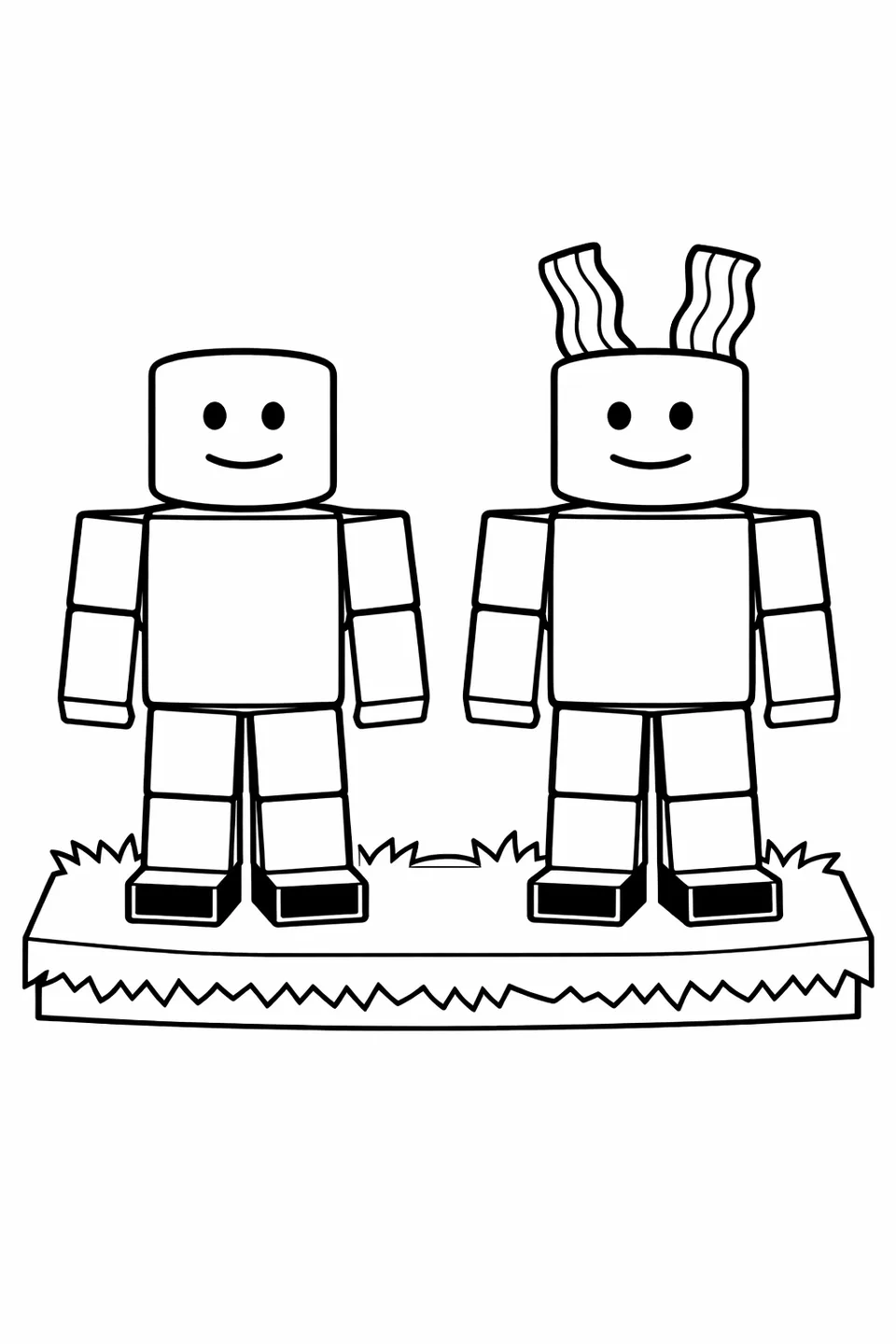 큐브 머리, 파란 셔츠, 녹색 바지, 검은 발 블록을 착용한 로블록스 노버드 아바타가 잔디 플랫폼 위에 서 있음