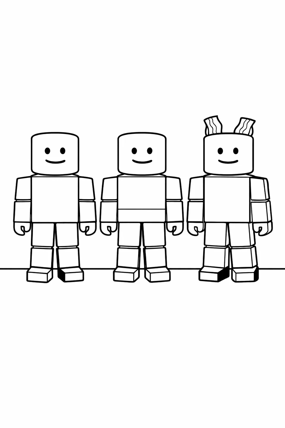 세 로블록스 블록 아바타가 줄지어 서 있으며, 각자 큐브 머리, 다른 색상의 셔츠, 직사각형 팔다리를 하고 있음