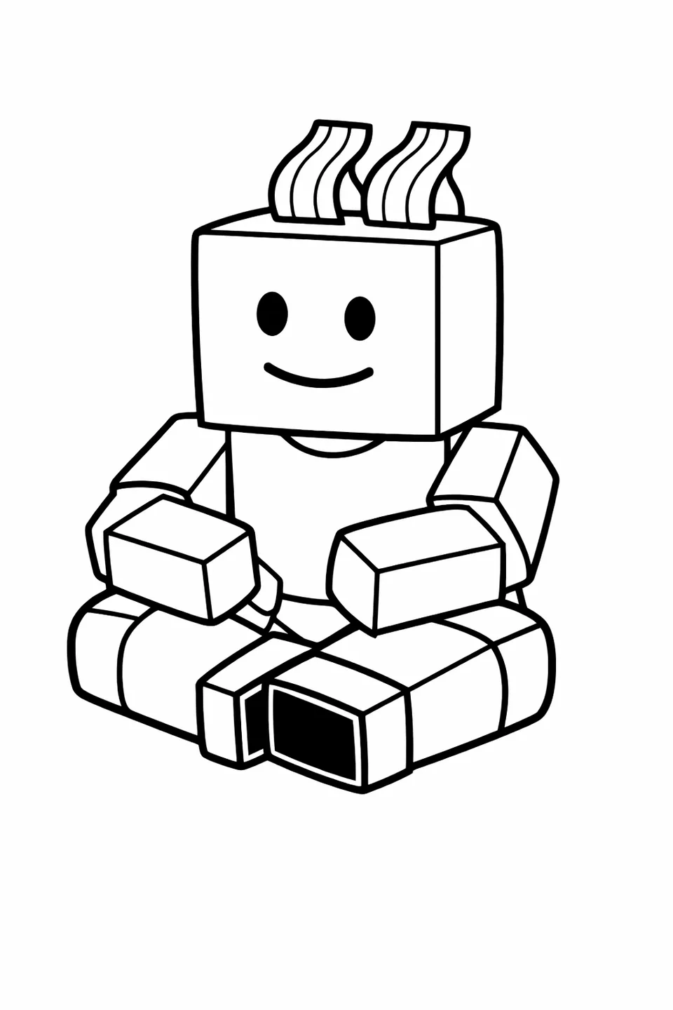 로블록스 배코 헤어 아바타가 책상다리를 하고 앉아 있으며, 네모난 팔다리를 접고 큐브 머리 위에 분홍색 물결 머리카락이 있습니다.